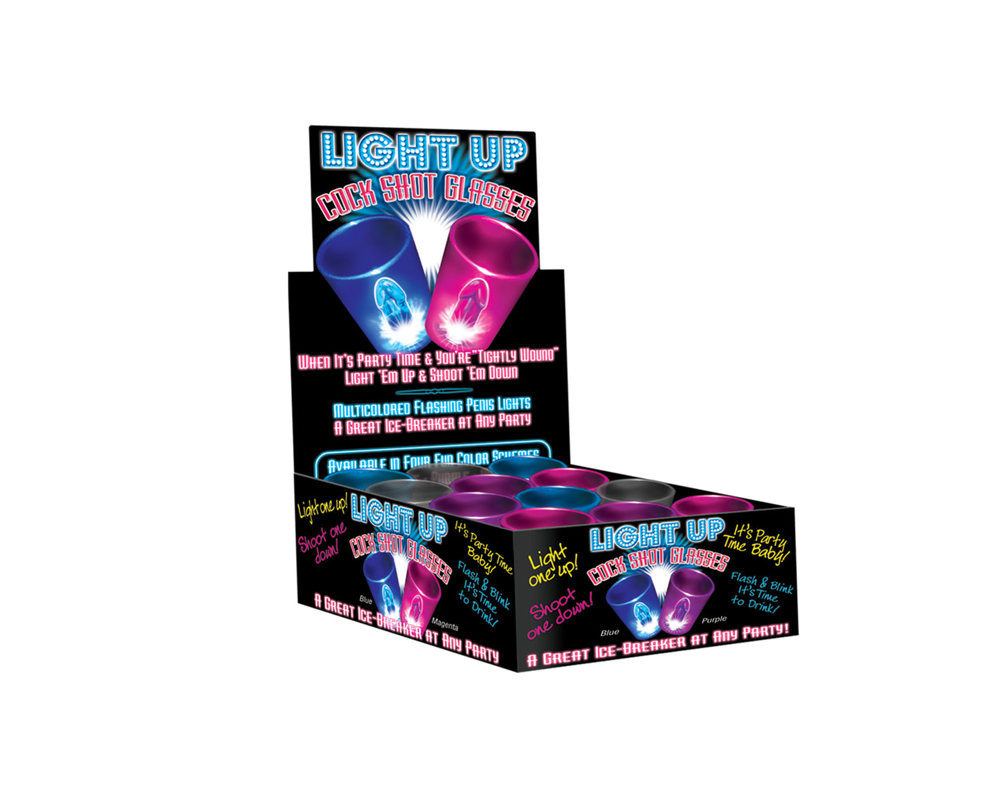 "Light Up Cock Shot Glasses 12 Piece P.O.P. Display - Assorted Colors HTP2203"
