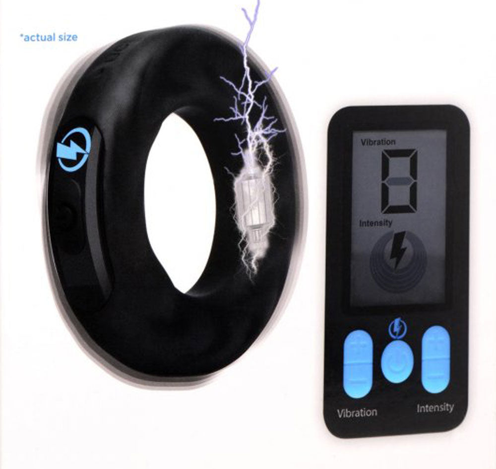 E-Stim and Vibrating Silicone Cock Ring 45mm With Remote Control - Black ZE-AG932